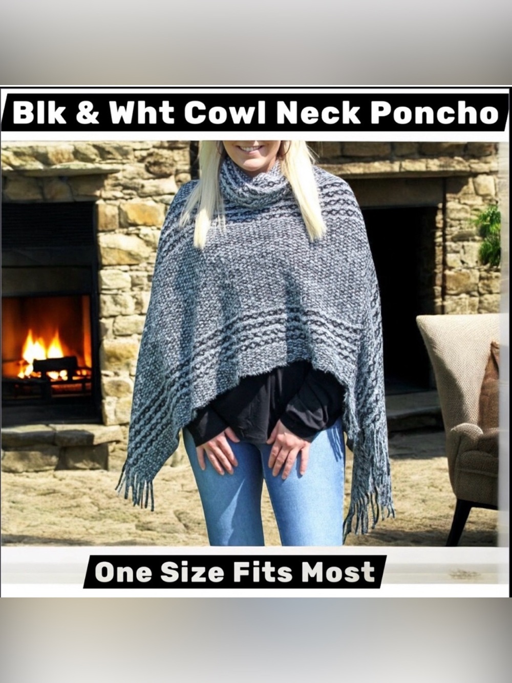 Black & White Cowl Neck Poncho NWT